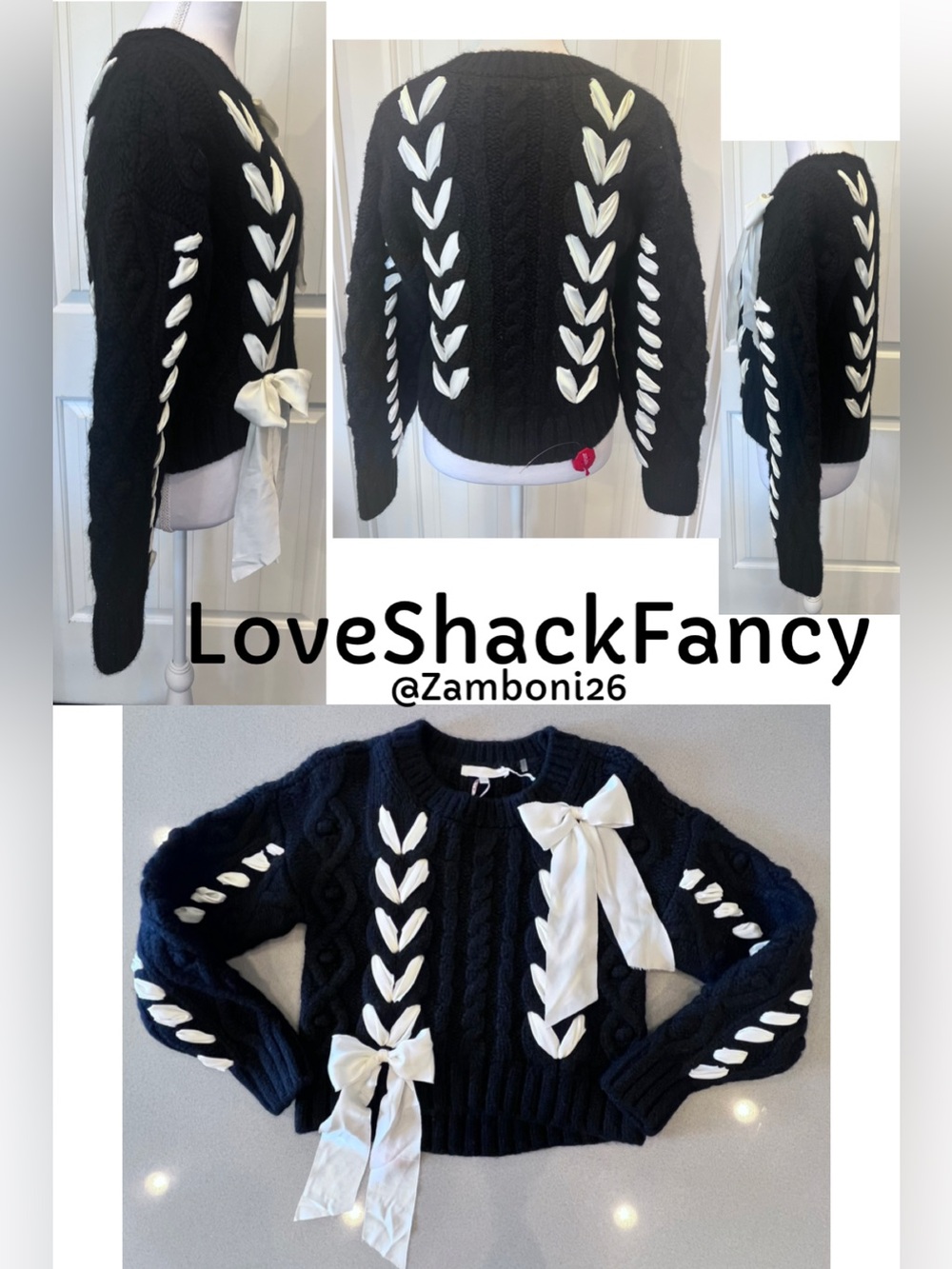 NWT LoveShackFancy Parson Pullover Midnight Noel Small 70% Alpaca Bows Coquette
